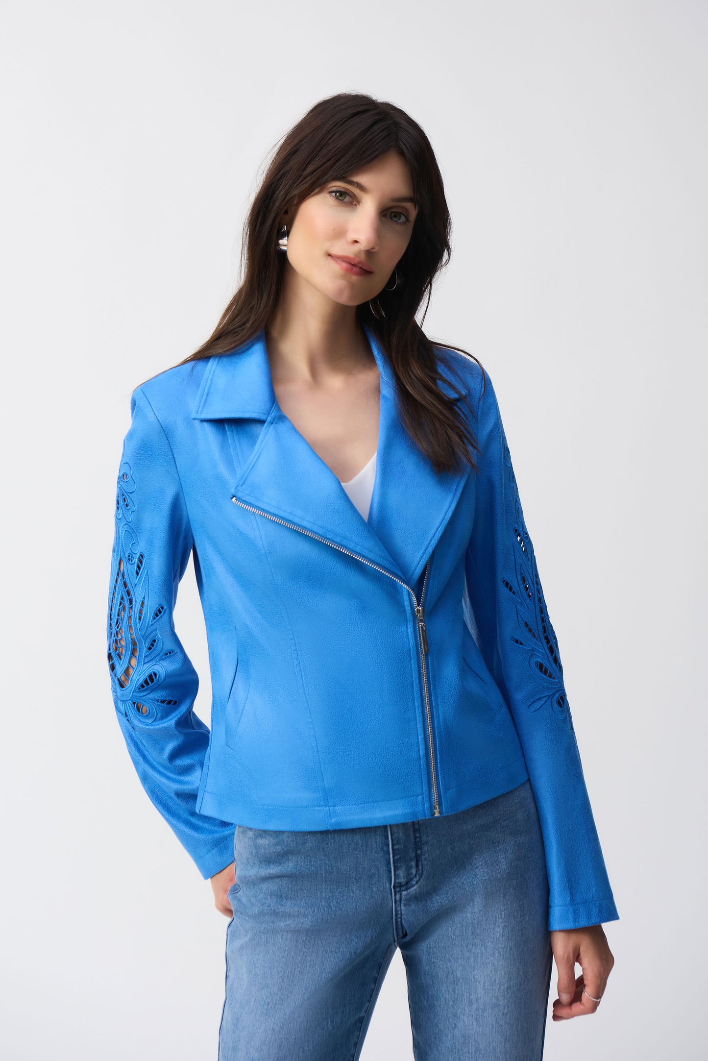 Joseph Ribkoff Coastal Blue Faux Leather Biker Jacket 251936