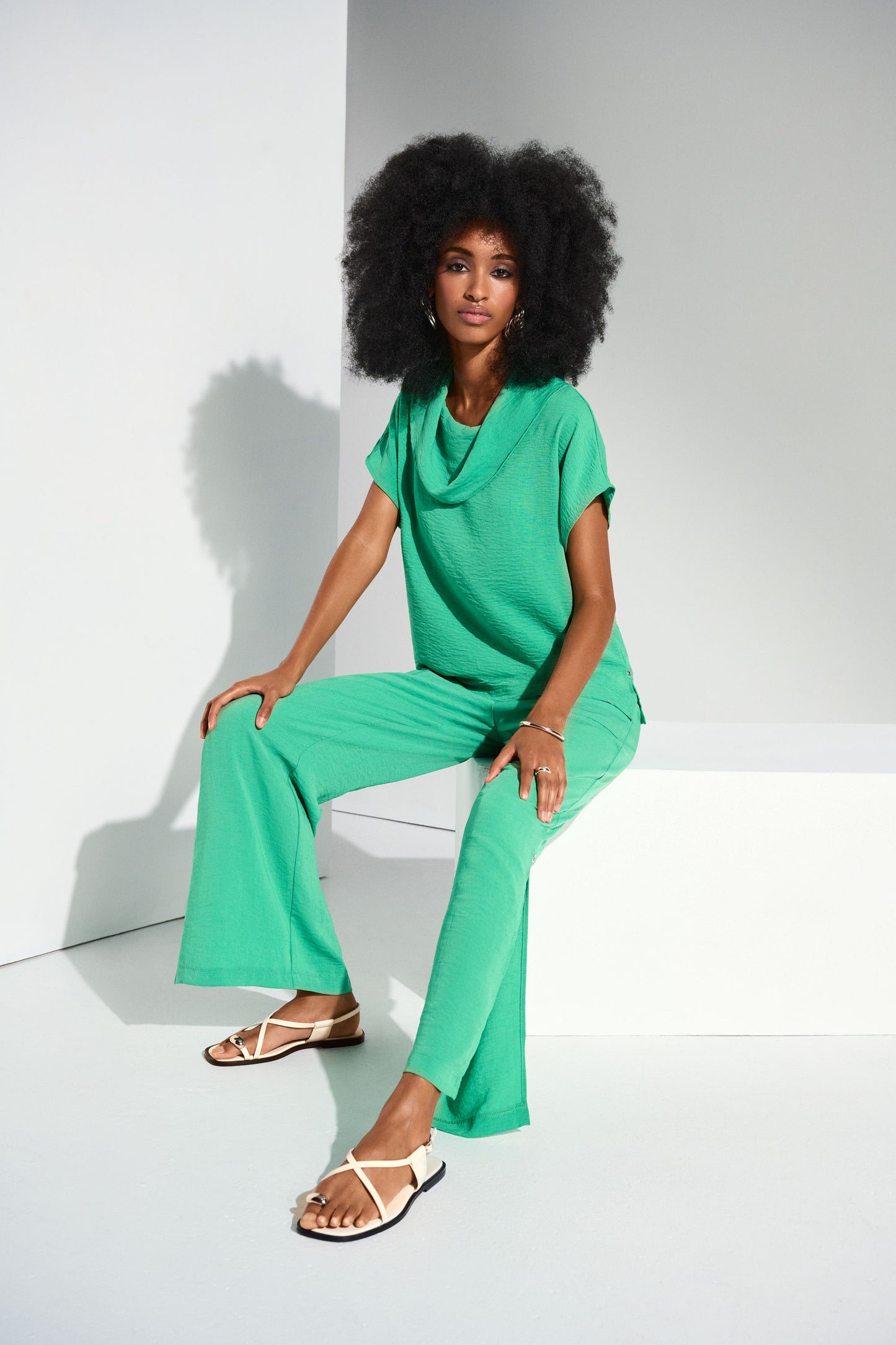 Joseph Ribkoff Garden Green Crinkle Wide leg Trousers 252049
