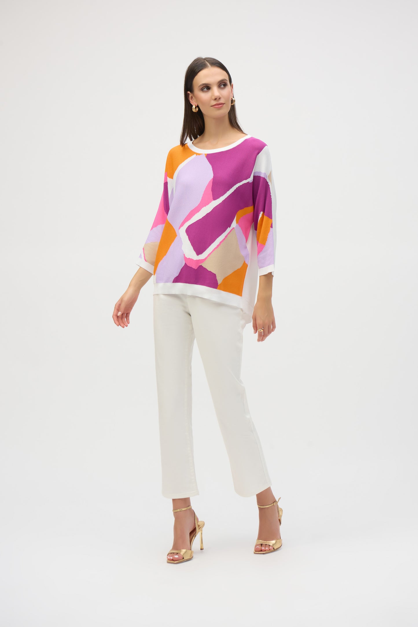 Joseph Ribkoff Fine Knit Oversized Sweater White/Orange/Pink 252927
