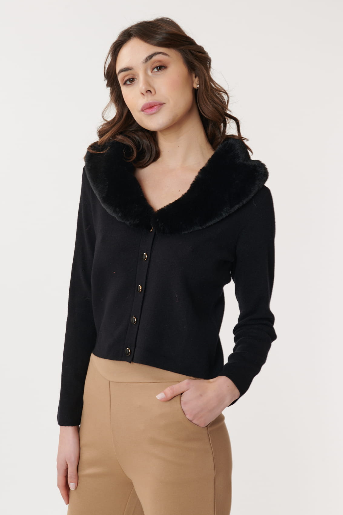 Derhy Faux Fur Collar Cardigan
