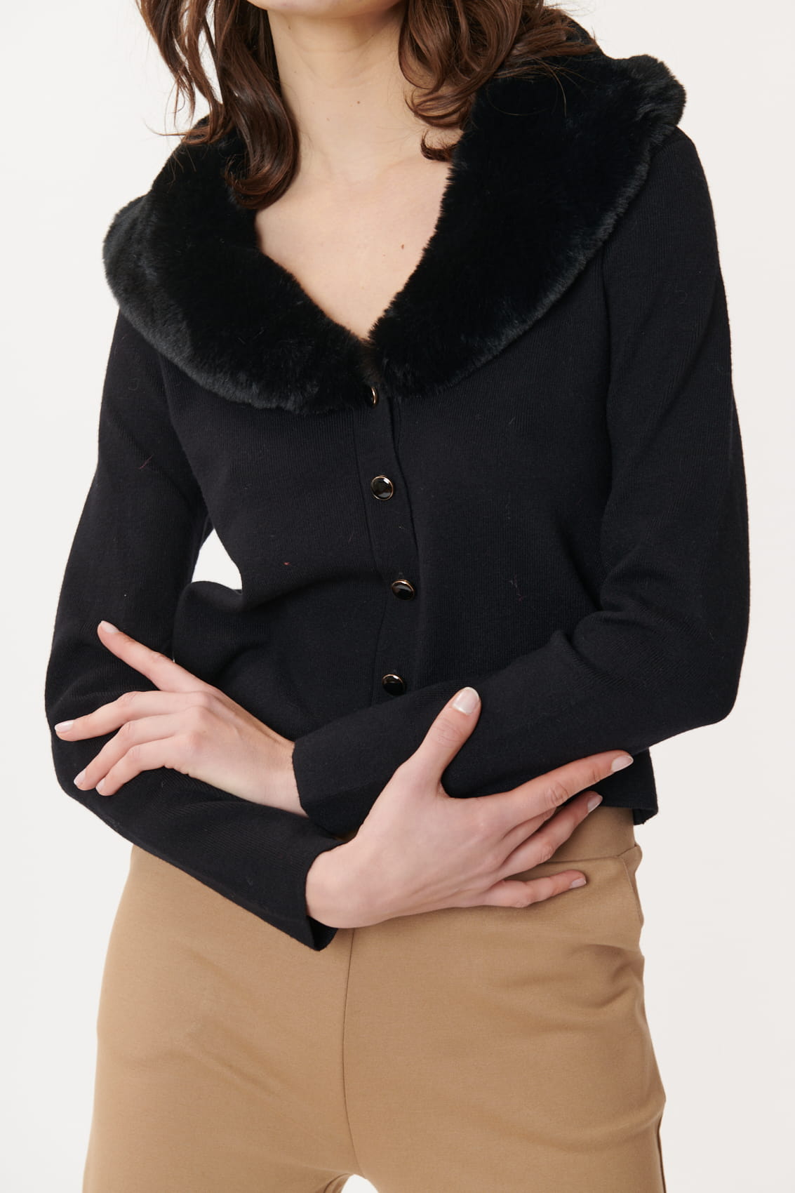 Derhy Faux Fur Collar Cardigan