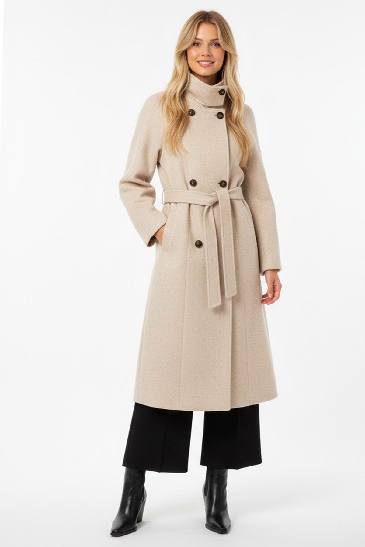 Derhy Beige Belted Coat Gazania