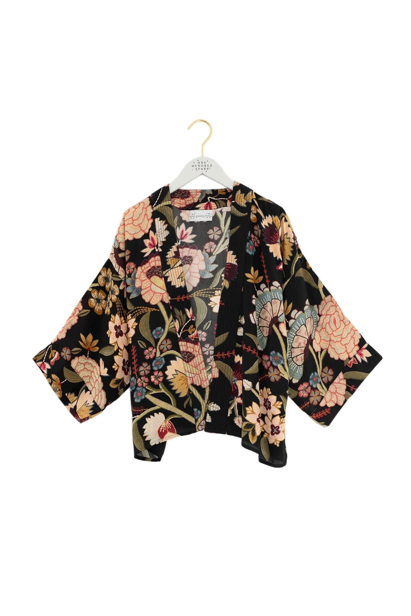 One Hundred Stars Crepe Kimono Dahlia in Black CKMDAHBLK