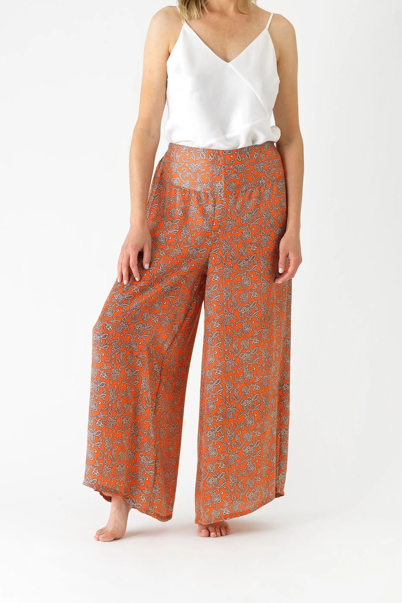 One Hundred Stars Floral Paisley Orange Palazzo Pants