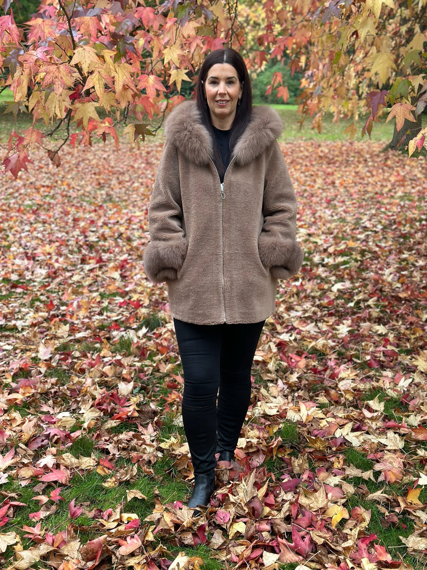 Levinsky Chestnut Sheepskin Coat with Fur Trim Franciane