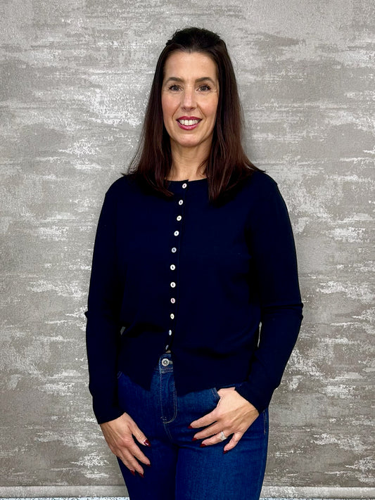 White Leaf Navy Button Cardigan LGN134N