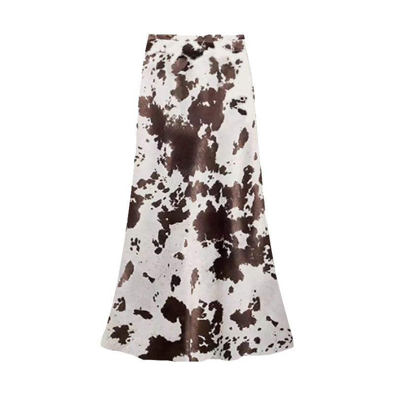 White Leaf Cowhide Print Satin Skirt LGN22CH