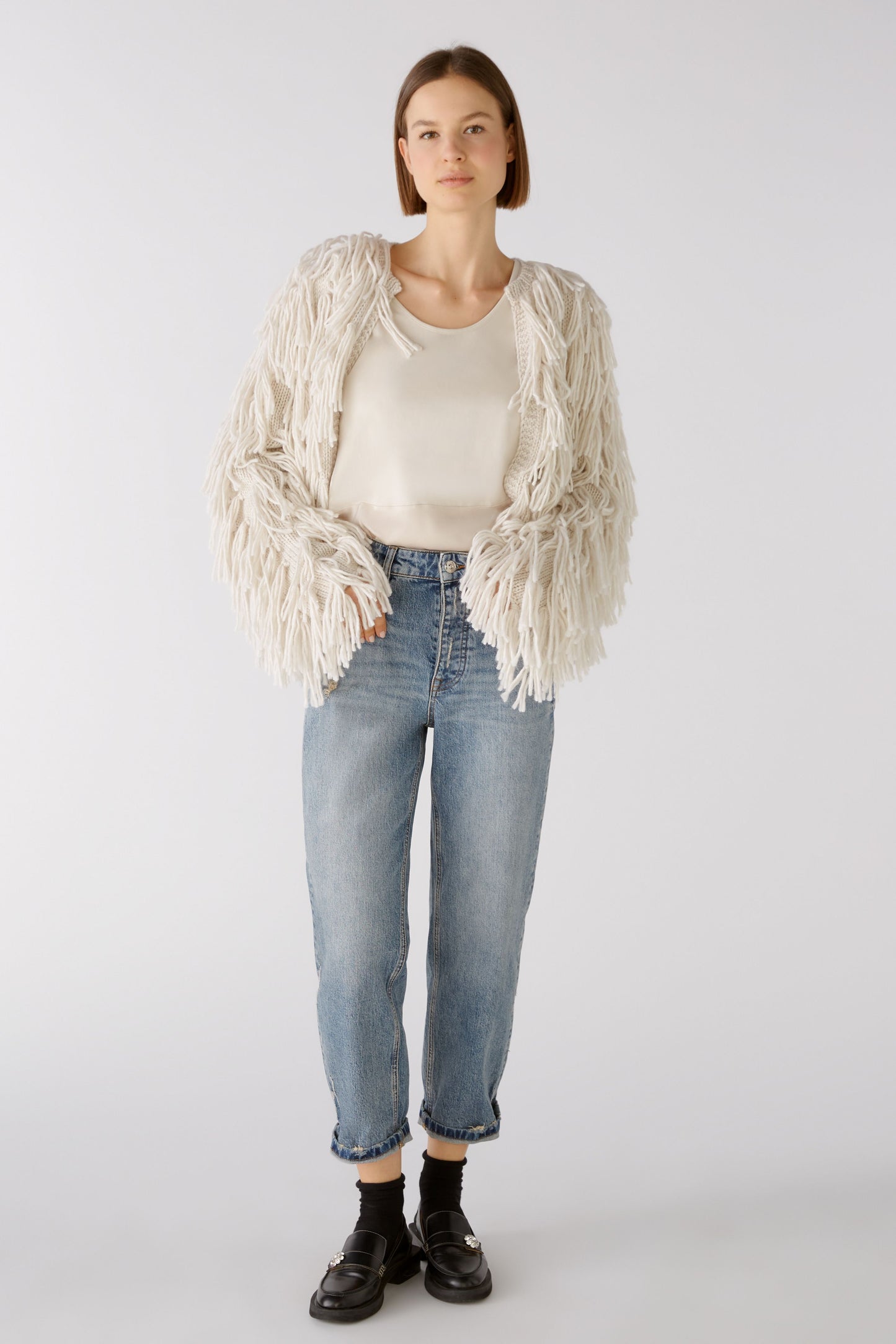 Oui Longline Satin Trim Cream Vest