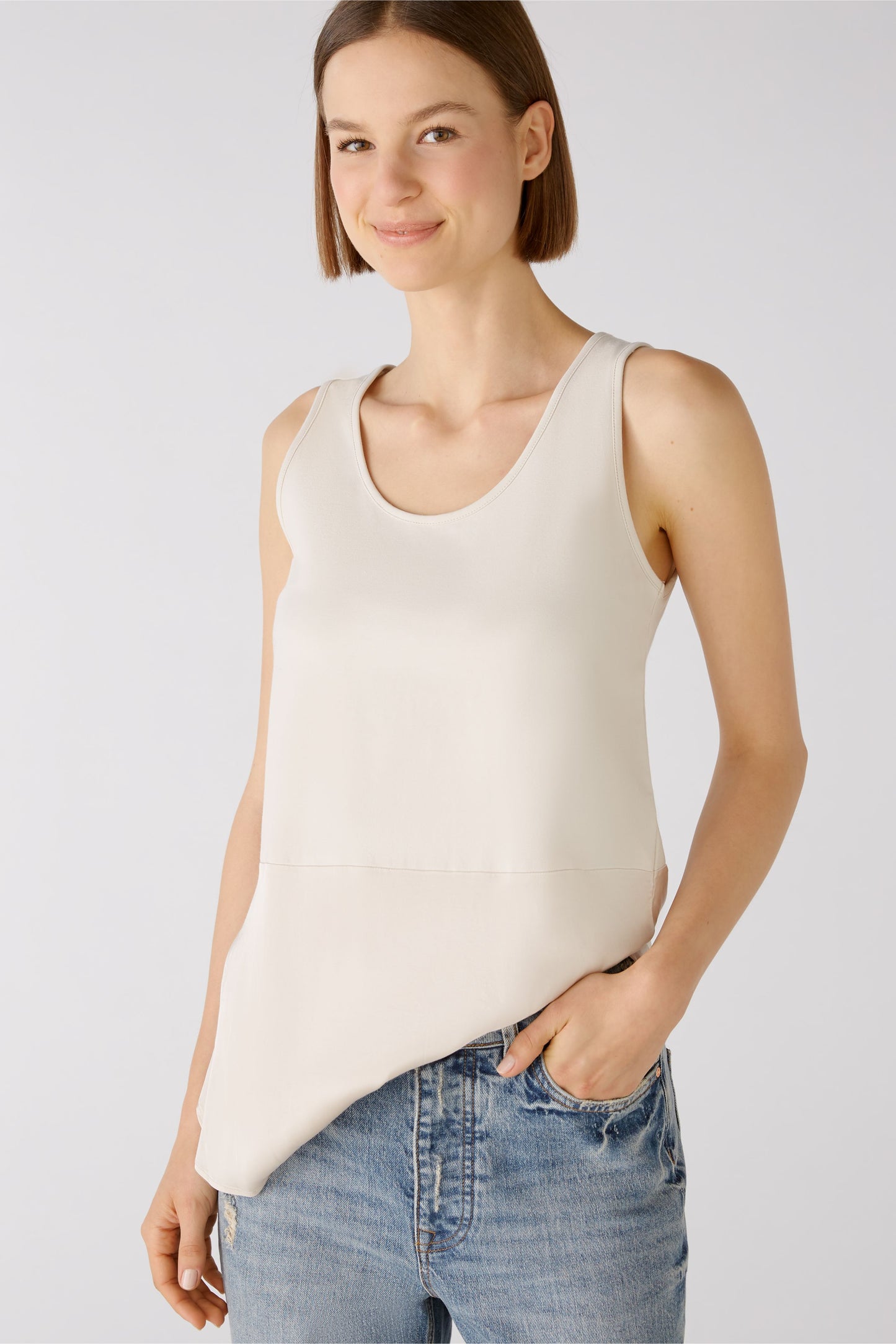 Oui Longline Satin Trim Cream Vest
