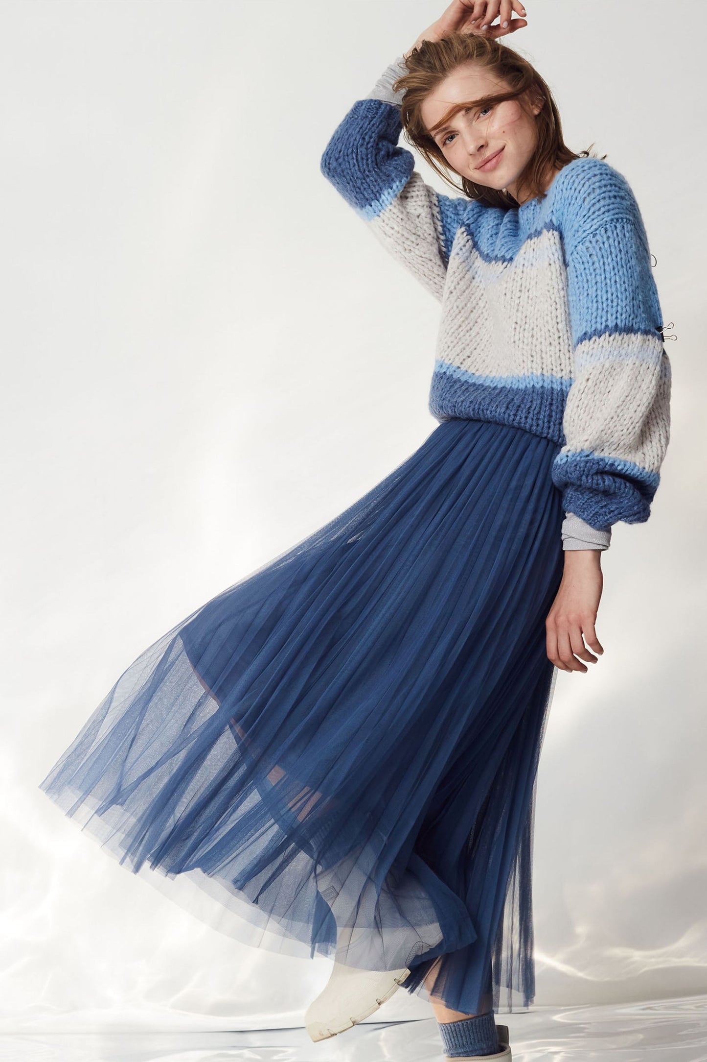 Oui Denim Blue Pleated Skirt