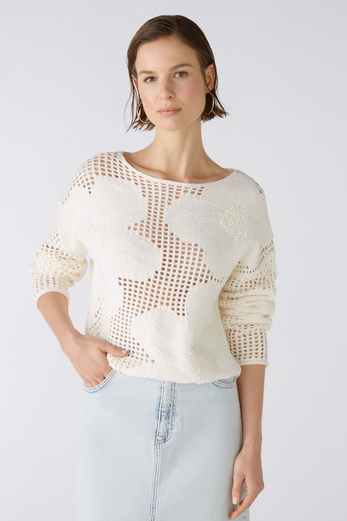 Oui 86664 cotton holey knit sweater