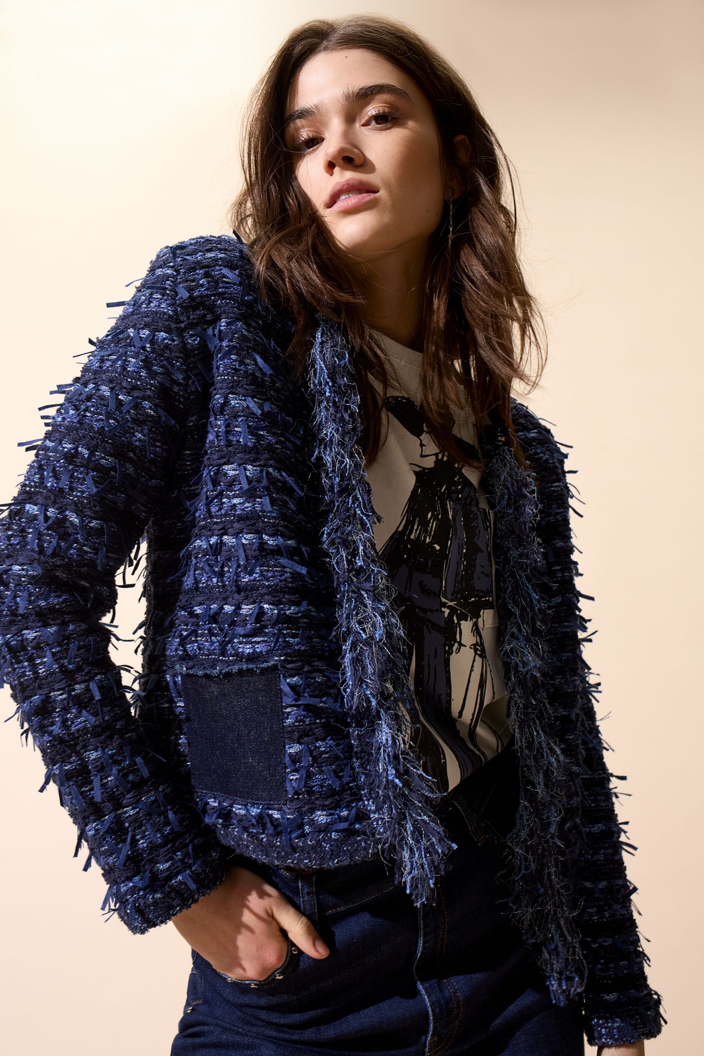 Oui Denim Boucle Cardigan 94292