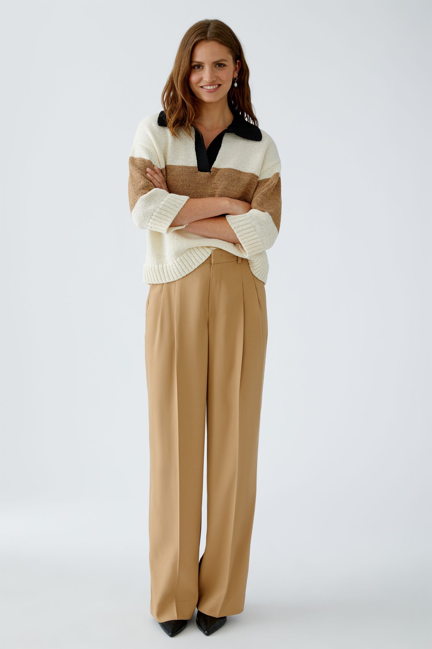 Oui Tan Wide Leg Drapey Trousers 93766