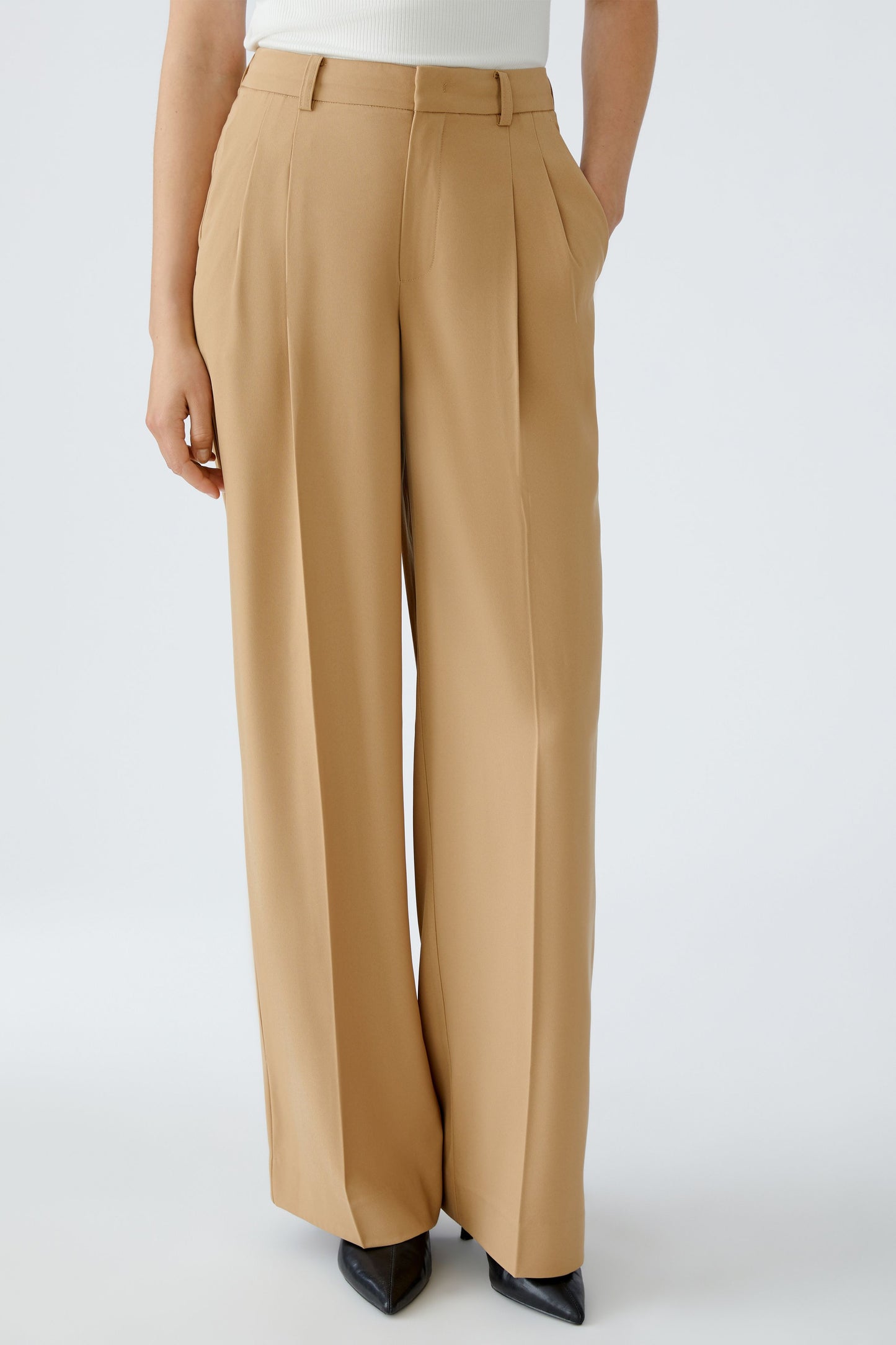 Oui Tan Wide Leg Drapey Trousers 93766