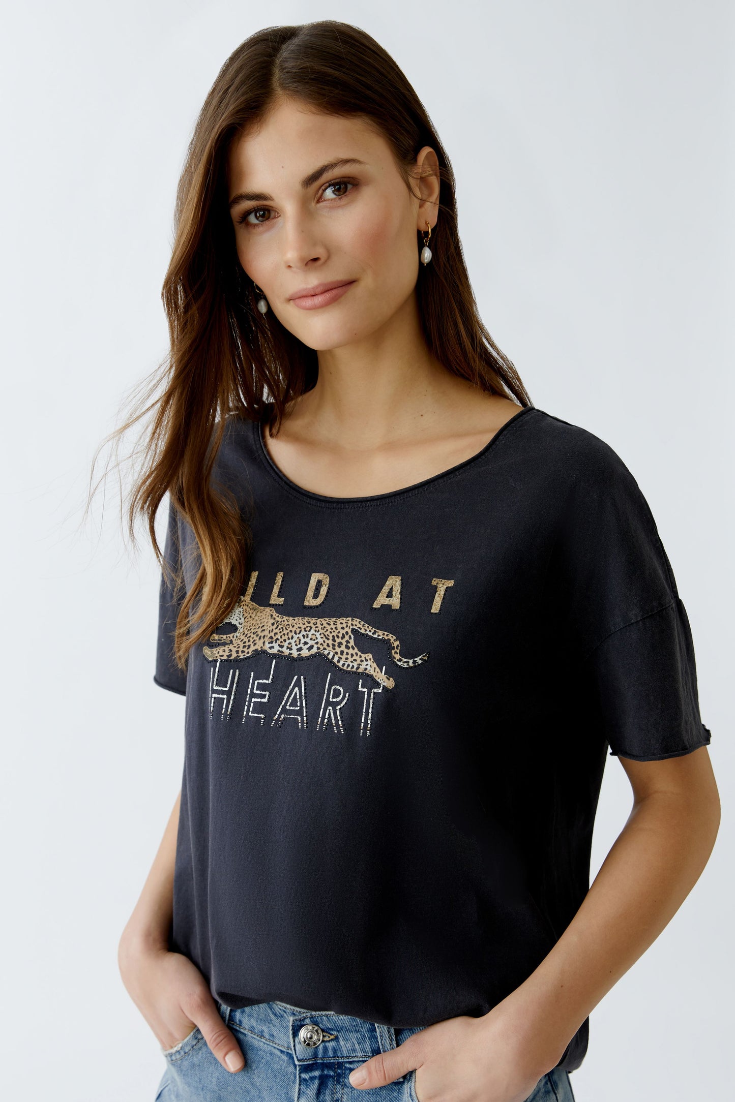 Oui Black Vintaged Print T-Shirt 93865