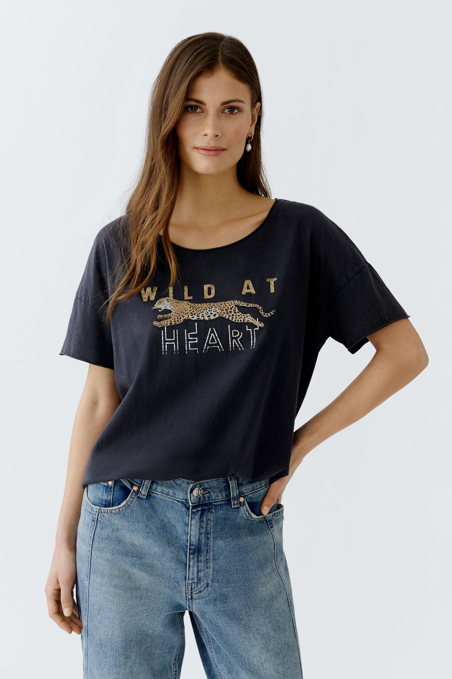 Oui Black Vintaged Print T-Shirt 93865