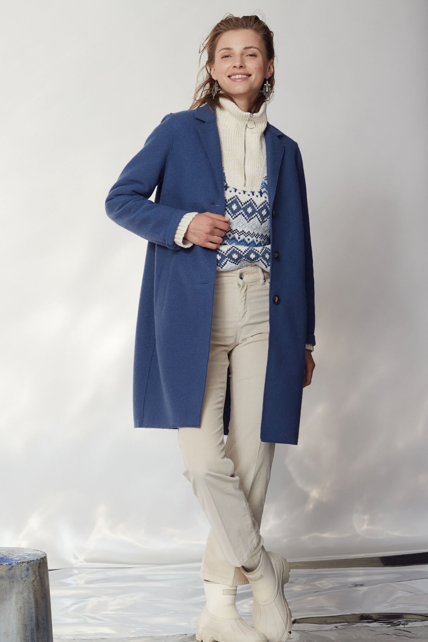 Oui Denim Blue Boiled Wool Coat