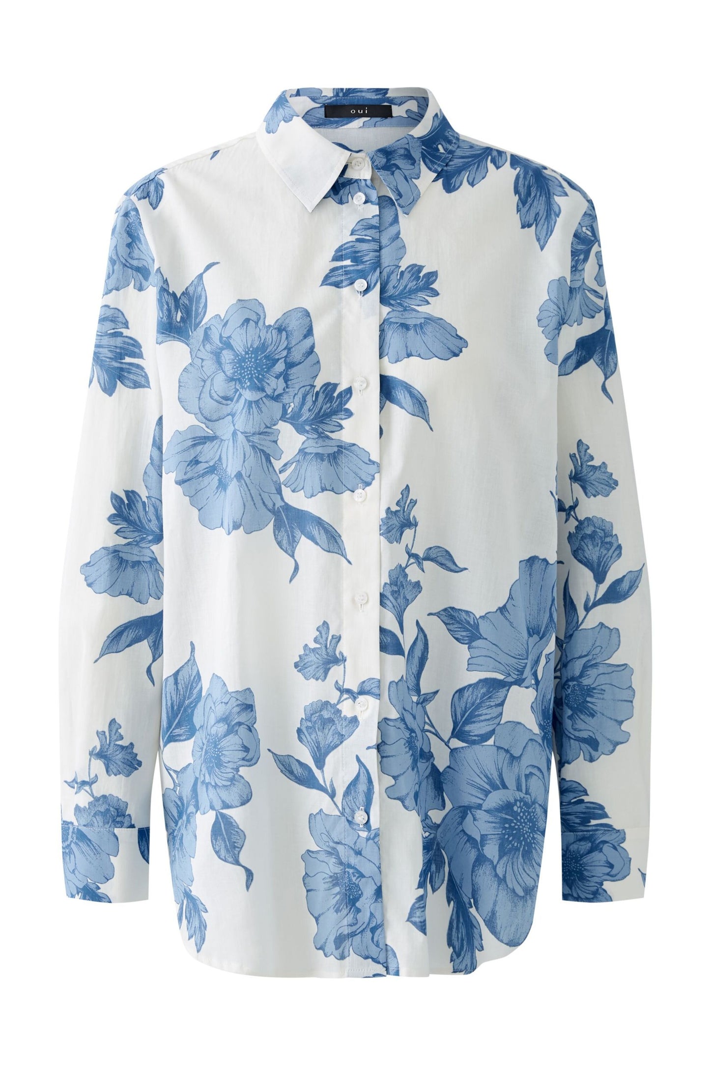 Oui Rose Print Cotton Classic Shirt Blue/White 92934