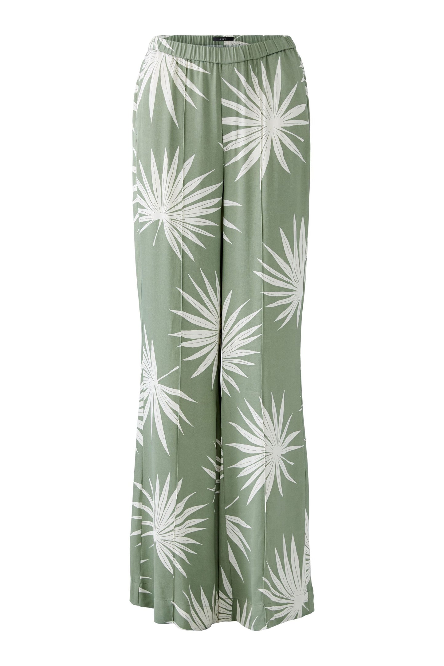 Oui Palm Print Full Length Silky Trousers Khaki/Cream 92813