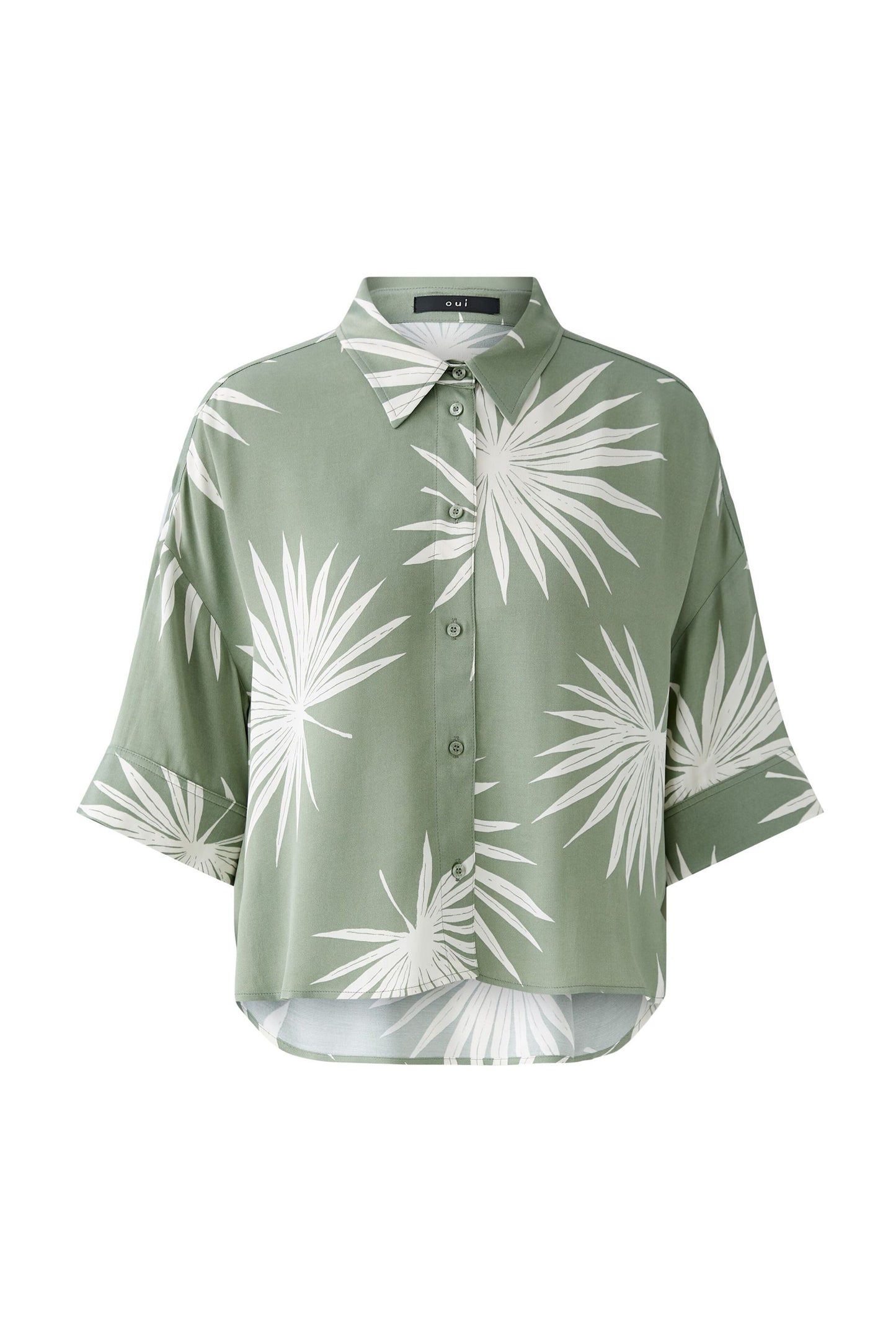 Oui Palm Print Boxy Cropped Shirt Khaki/Cream 92929