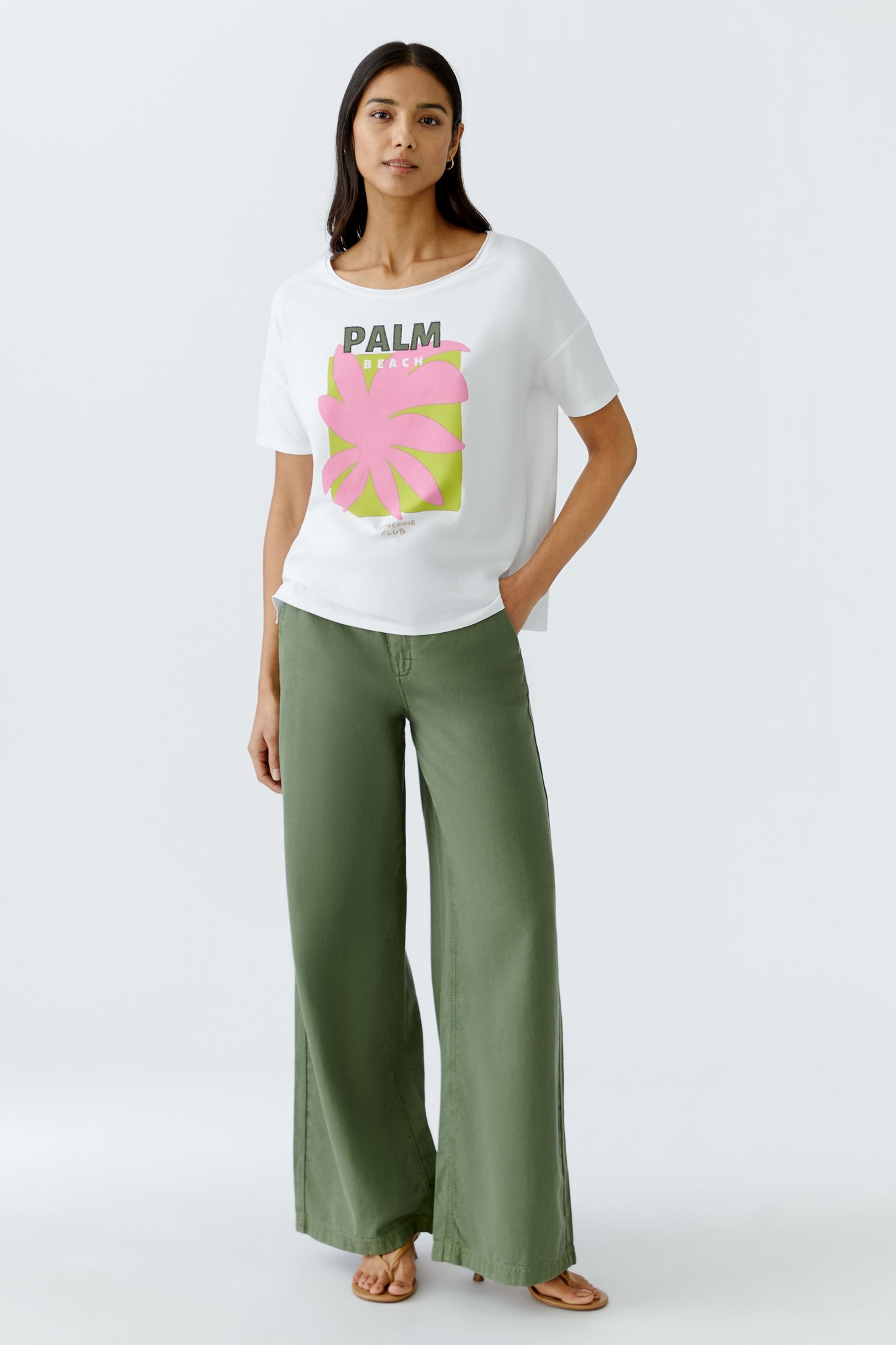 Oui Palm Beach T-Shirt White/Lime/Pink 93329