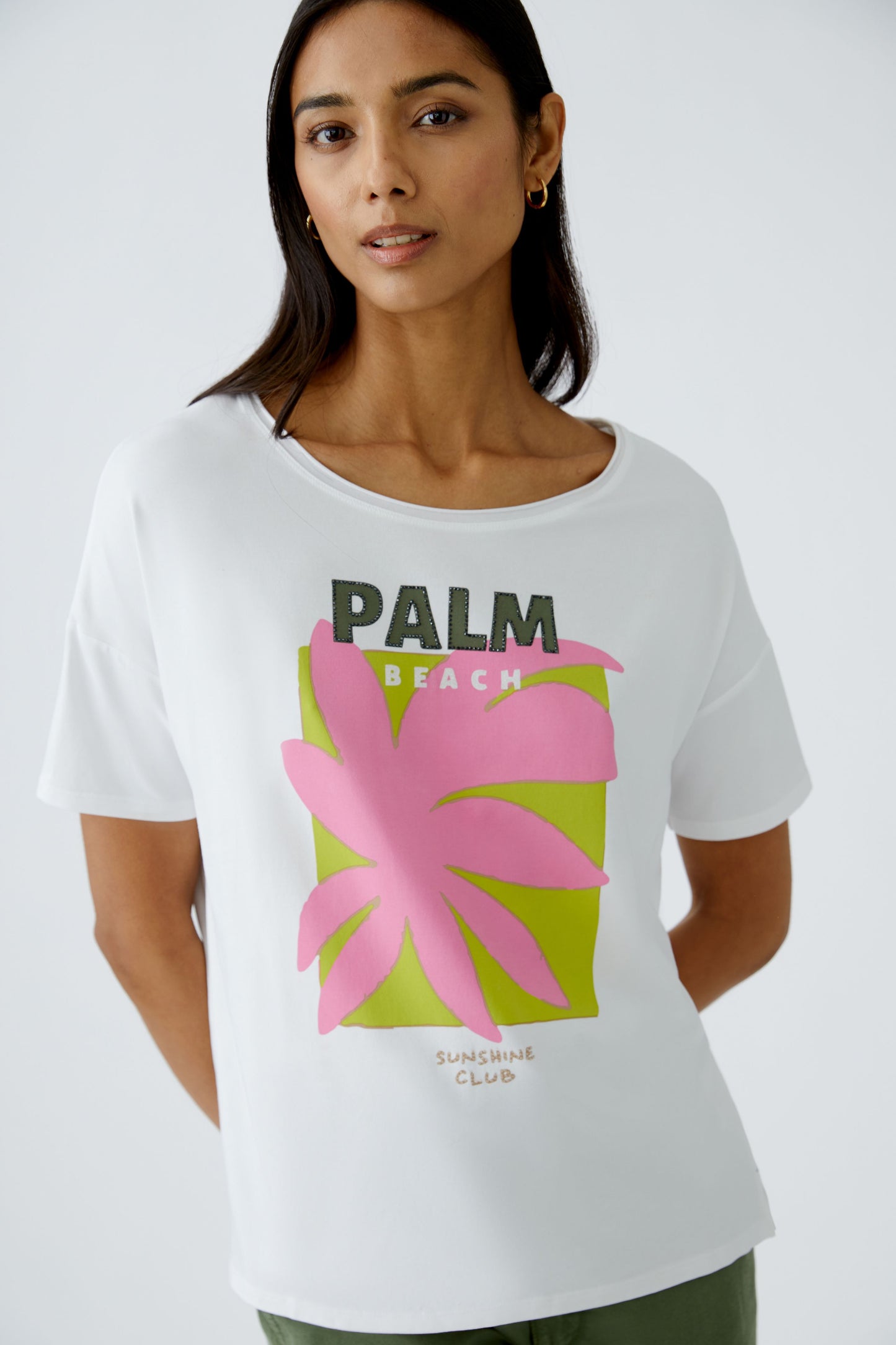 Oui Palm Beach T-Shirt White/Lime/Pink 93329