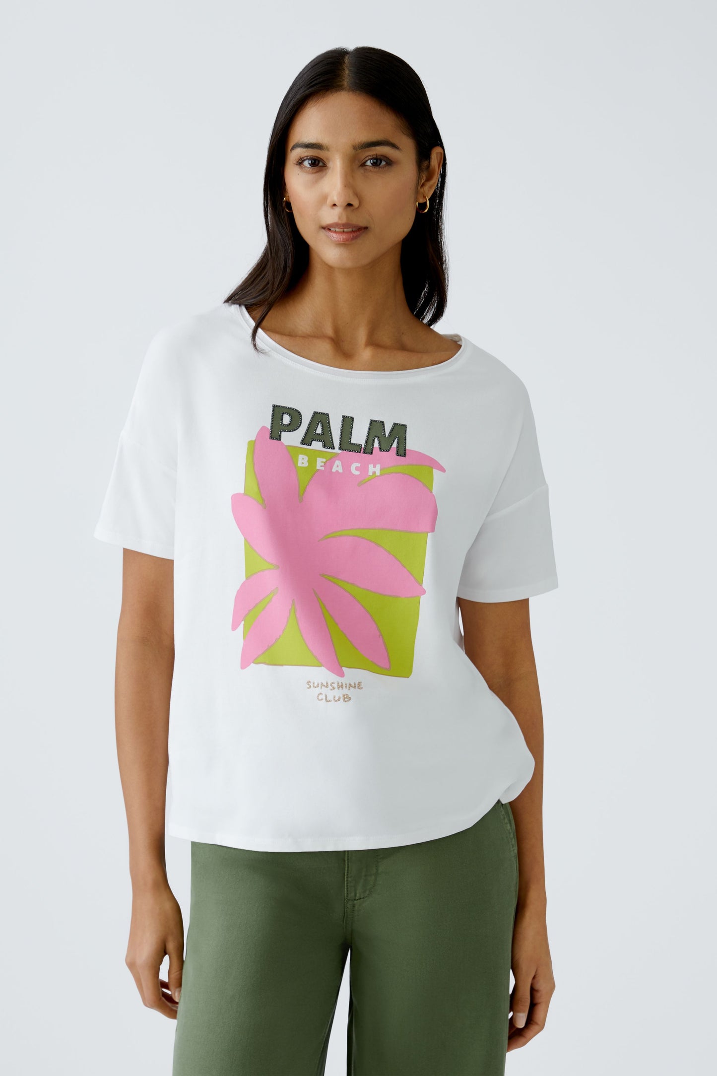 Oui Palm Beach T-Shirt White/Lime/Pink 93329
