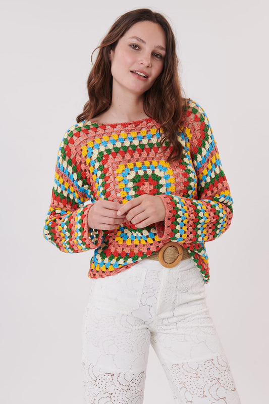 Derhy Zabou crochet squares knit sweater