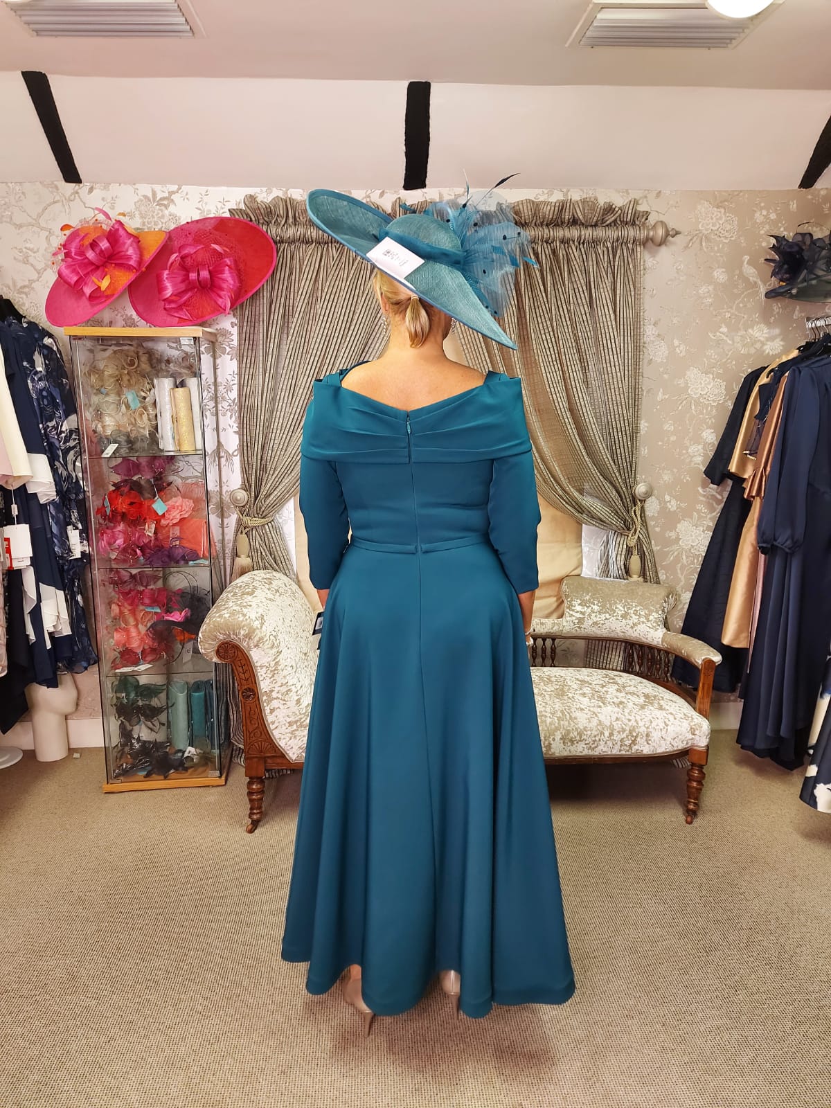 Invitations by Veni Infantino Teal Sweep Shoulder Dress