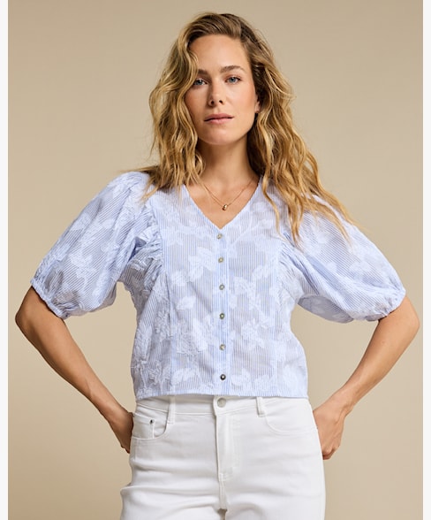 Red Button Stripe & Flower Blouse SRB4838
