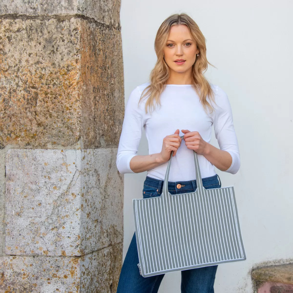 Earth Squared Grey Weave Stripe Tote Bag