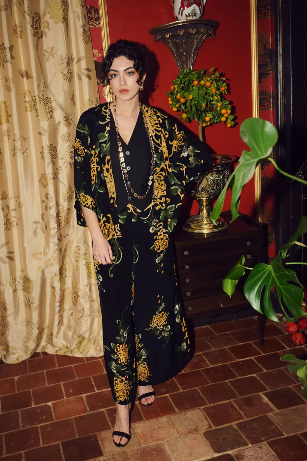 One Hundred Stars Chrysanthemum Black Crepe Kimono CKMCHRBLK