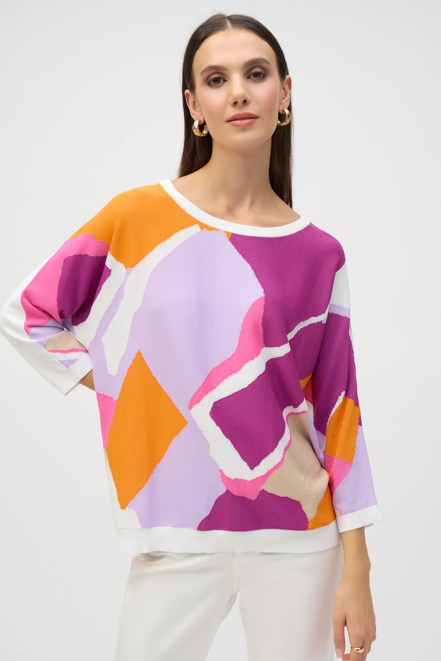 Joseph Ribkoff Fine Knit Oversized Sweater White/Orange/Pink 252927