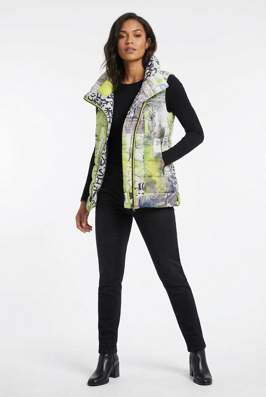 A sleeveless puffer vest with a high collar, featuring an abstract graffiti-style print in neon yellow-green, navy blue, white, and gray, with a yellow zipper.