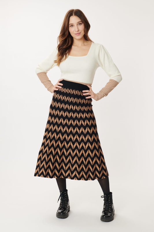 Derhy Edmee Geo Print Skirt Black & Camel