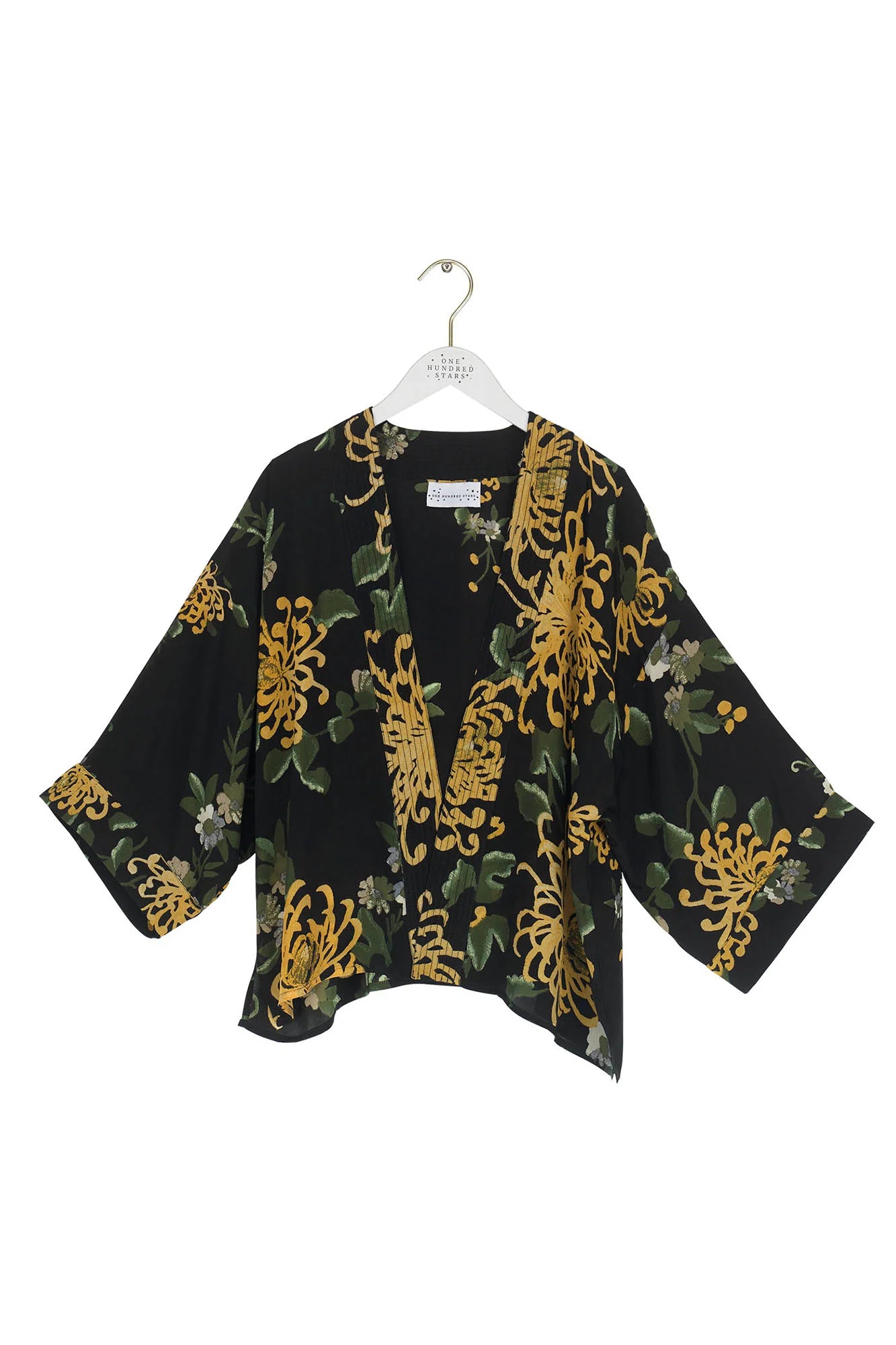 One Hundred Stars Chrysanthemum Black Crepe Kimono CKMCHRBLK