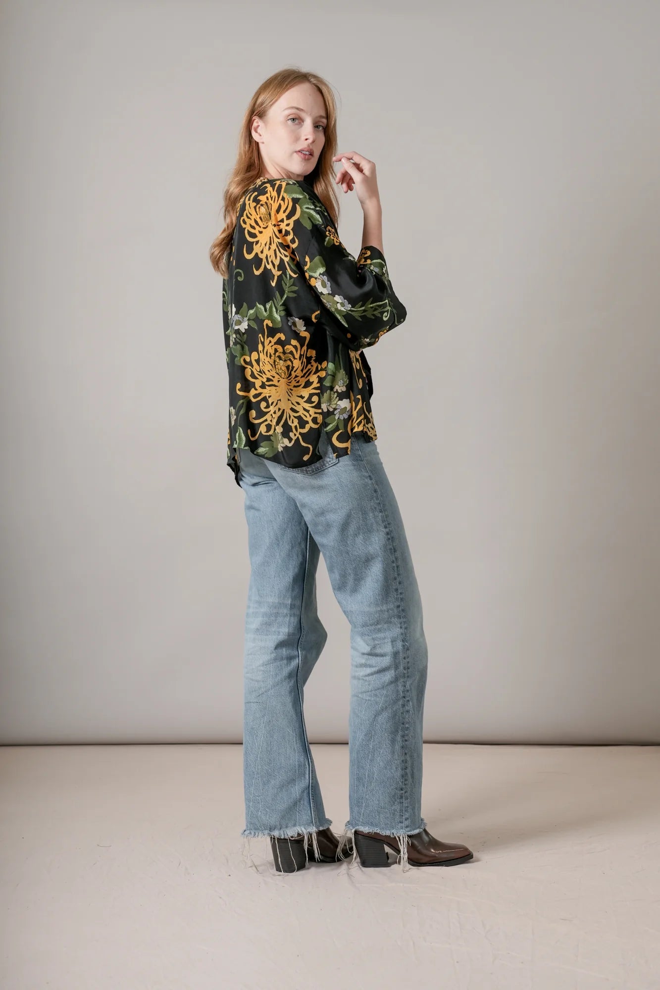 One Hundred Stars Chrysanthemum Black Crepe Kimono CKMCHRBLK