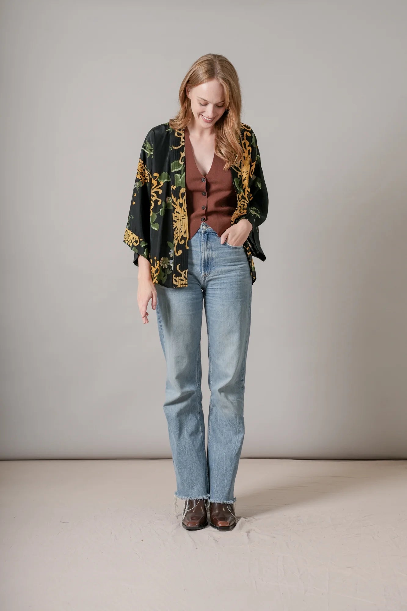One Hundred Stars Chrysanthemum Black Crepe Kimono CKMCHRBLK