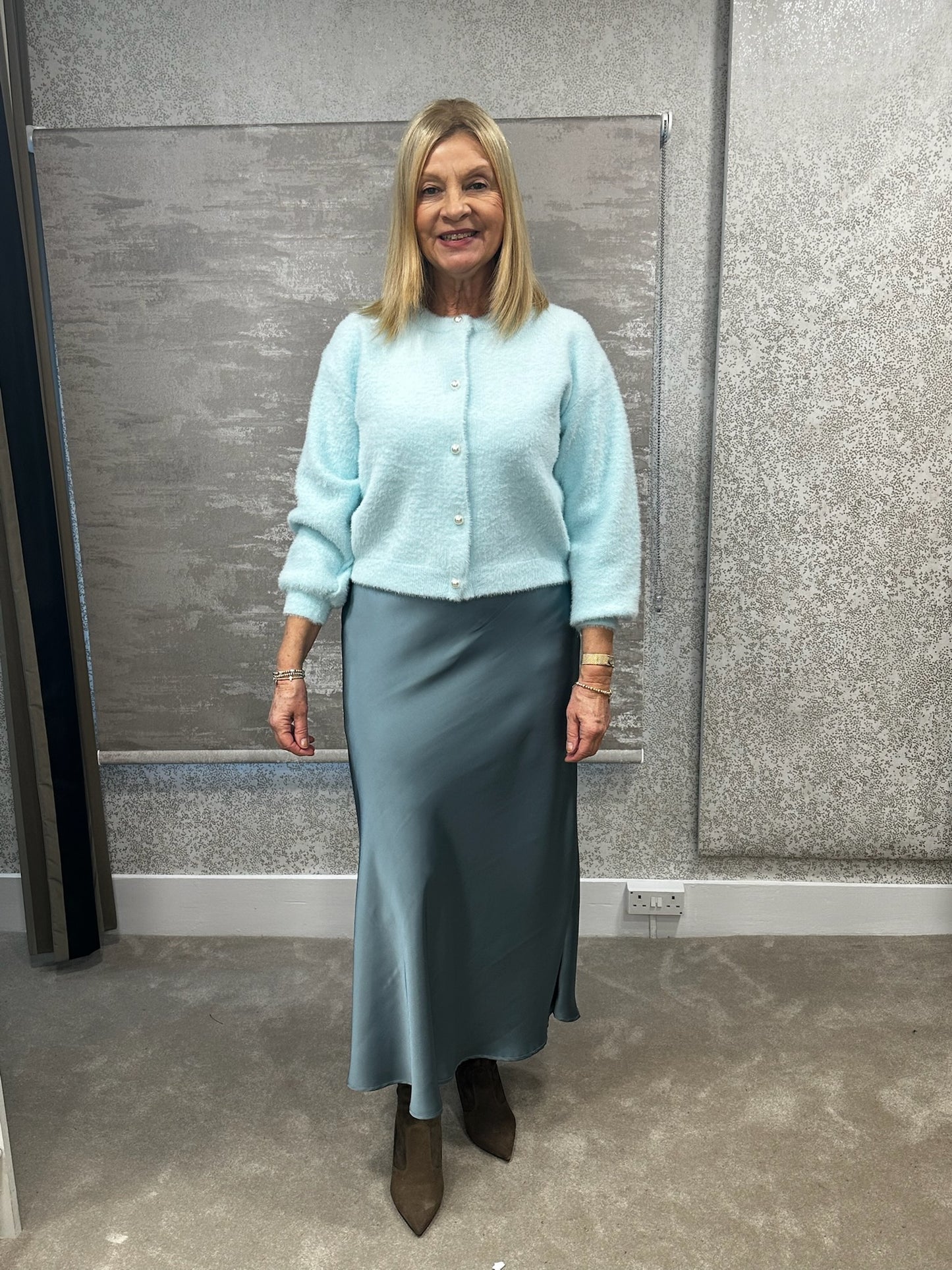 White Leaf Duck Egg Satin Skirt LGN22D