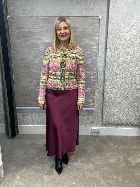 White Leaf Satin Skirt in Plum LGN22PL