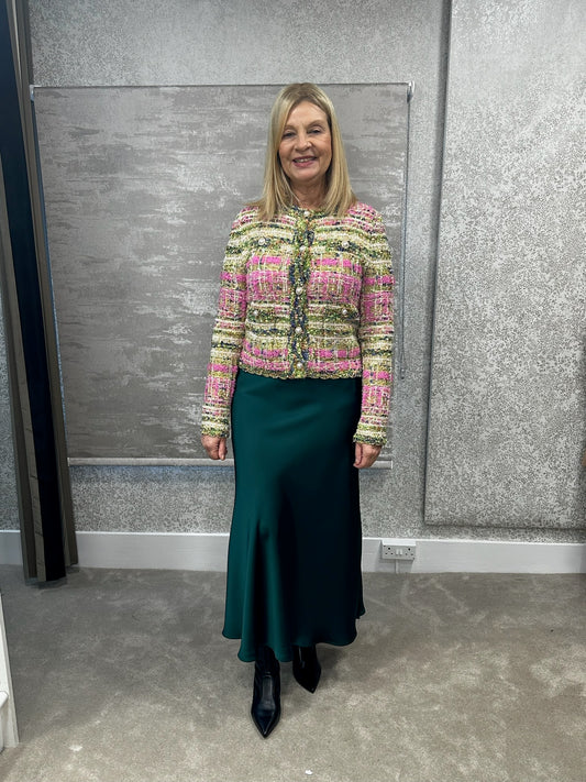 White Leaf Forest Green Satin Skirt LGN22F