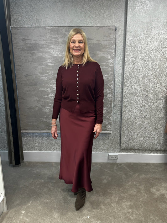 White Leaf Satin Skirt in Wine LGN22W