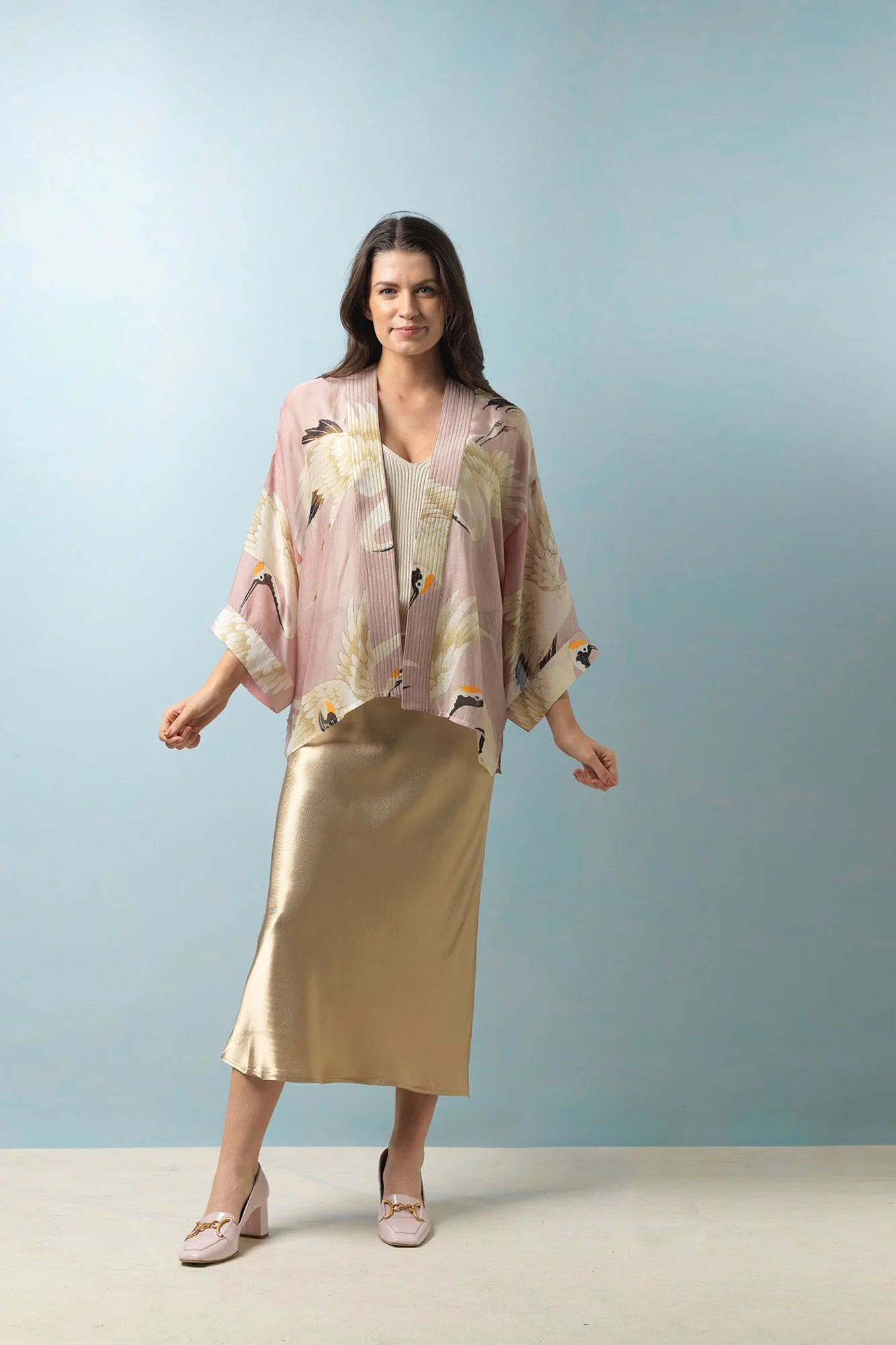 One Hundred Stars Stork Plaster Pink Kimono