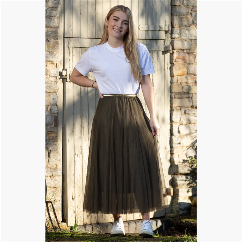 White Leaf Tulle Layer Skirt in Olive LGQ23O