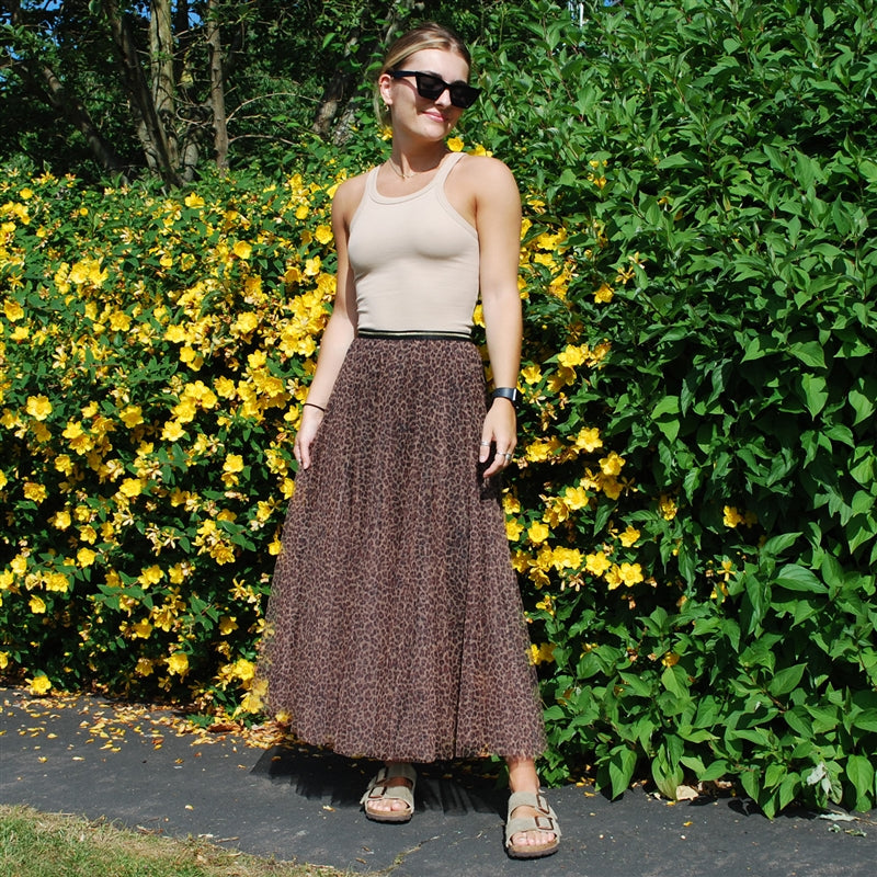 White Leaf Tulle Skirt in Leopard Print LGQ44