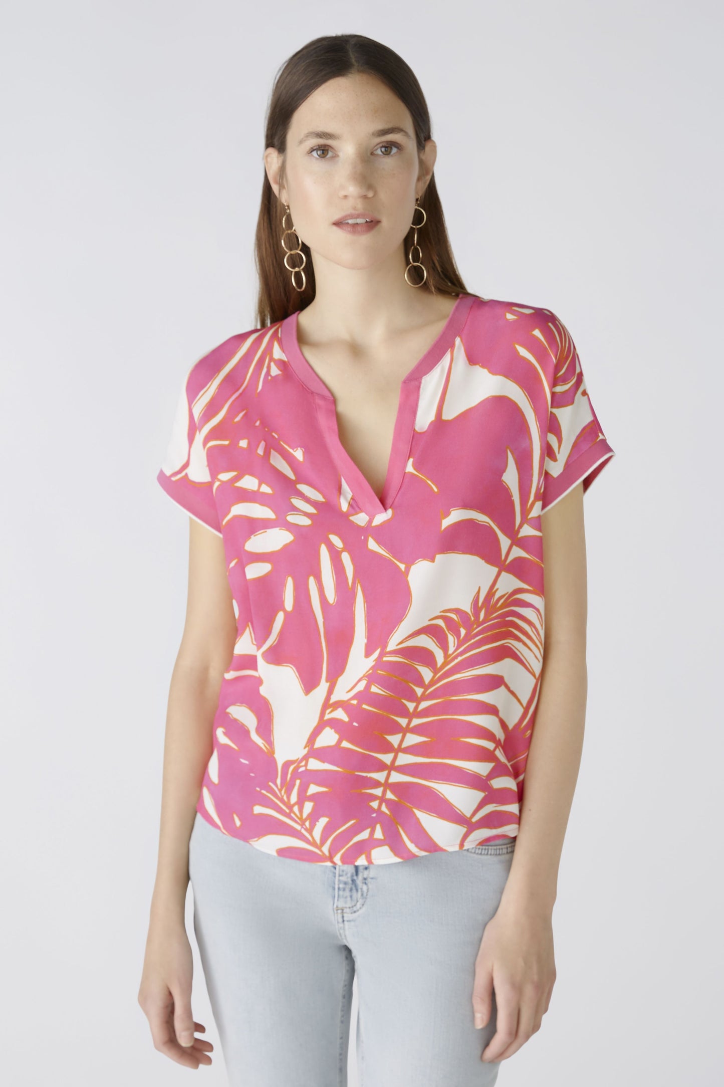 Oui 87505 bold palm print & stripe back t-shirt