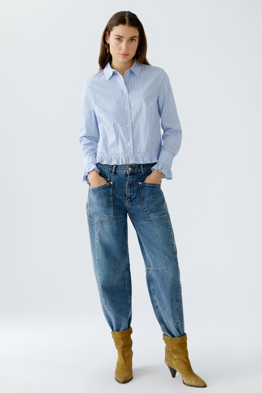 Oui Blue Stripe Frill Detail Shirt 94377