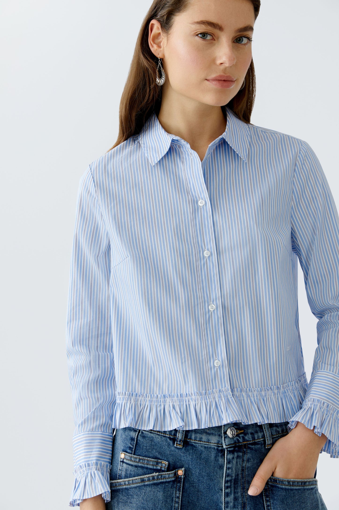 Oui Blue Stripe Frill Detail Shirt 94377