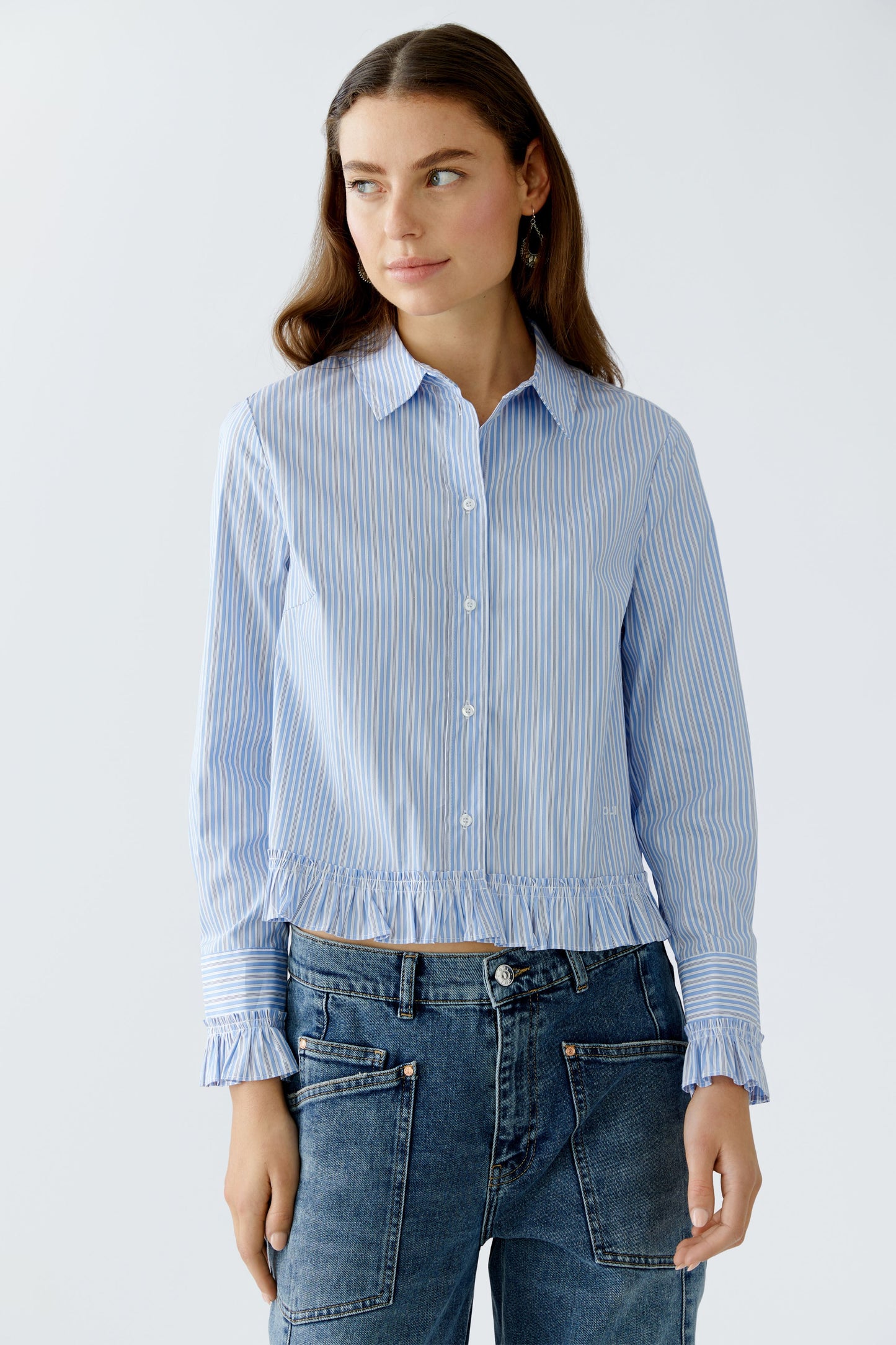 Oui Blue Stripe Frill Detail Shirt 94377