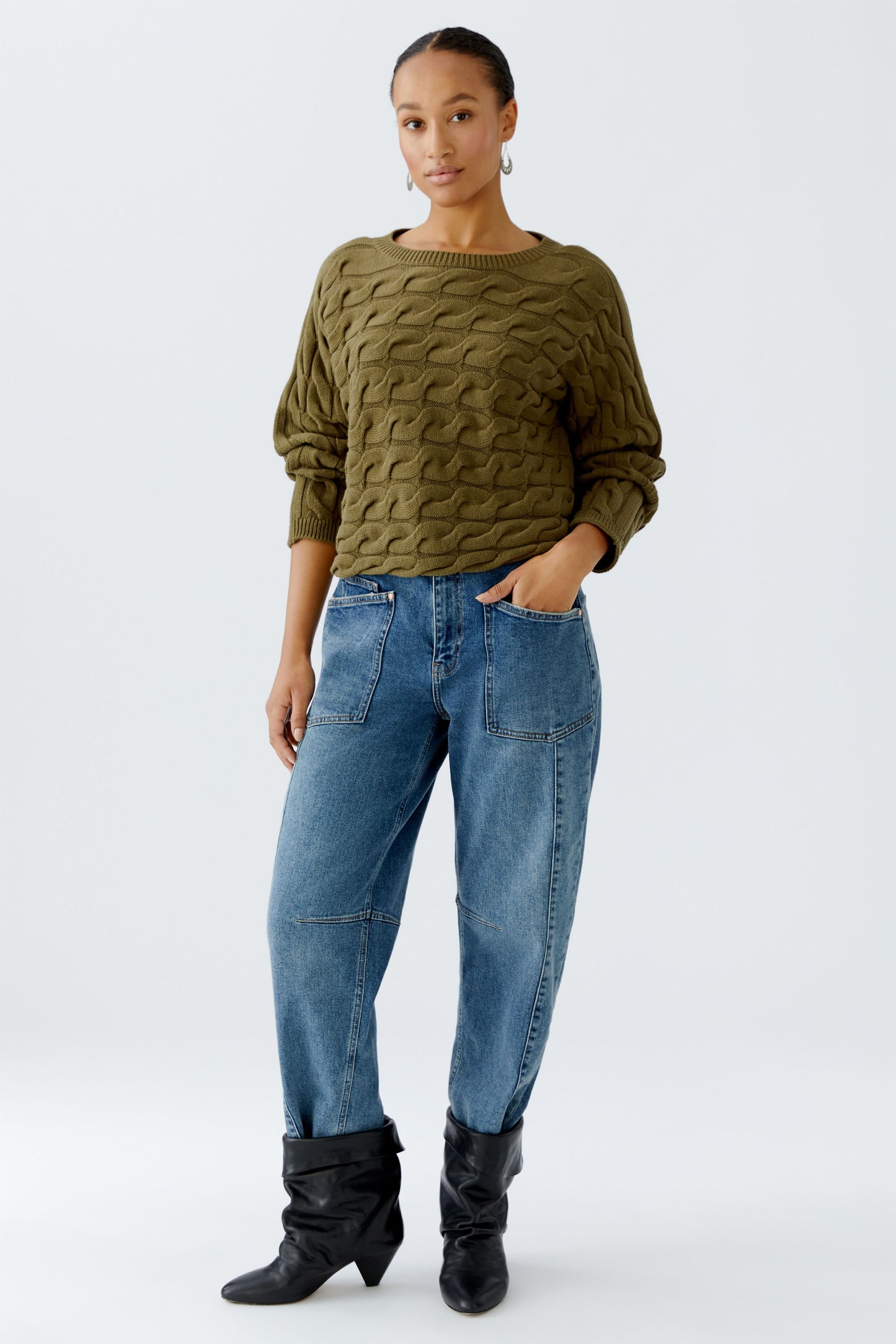 Oui Khaki Cotton Cable Sweater 94609